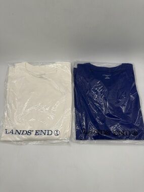 Lands' End Lot of 2 Women's Long Sleeve Shaped Shirts Large Blue & White -- NWT